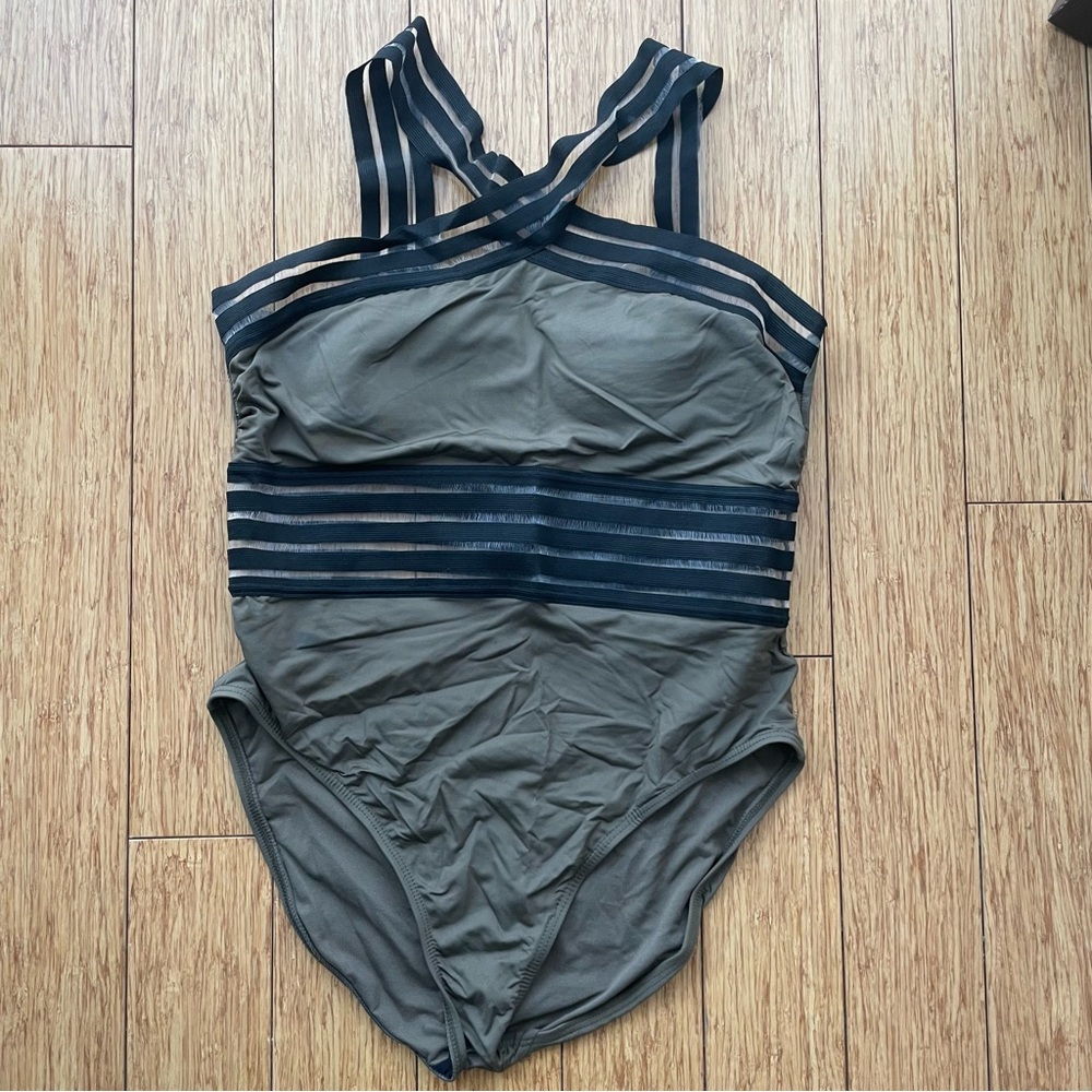 Kenneth Cole Olive Green and Black Cross Neck Cut Out Halter Swimsuit
